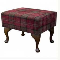 Red Tartan Footstool Handmade Hardwood Queen Anne Legs - thumbnail 2