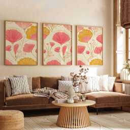 Floral Wall Art Prints Set Of 3, Modern Botanical Posters, Pink & Mustard Flower Artwork For Living Room, Bedroom Home Decor - thumbnail 3