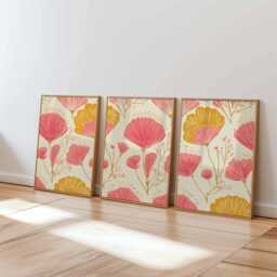 Floral Wall Art Prints Set Of 3, Modern Botanical Posters, Pink & Mustard Flower Artwork For Living Room, Bedroom Home Decor - thumbnail 1