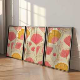 Floral Wall Art Prints Set Of 3, Modern Botanical Posters, Pink & Mustard Flower Artwork For Living Room, Bedroom Home Decor - thumbnail 2