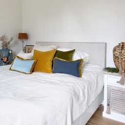 Sky Blue Velvet Pillow Cover Antique Gold Fringe Lumbar Cushion - thumbnail 3