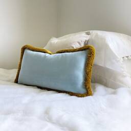 Sky Blue Velvet Pillow Cover Antique Gold Fringe Lumbar Cushion