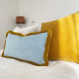 Sky Blue Velvet Pillow Cover Antique Gold Fringe Lumbar Cushion - thumbnail 4