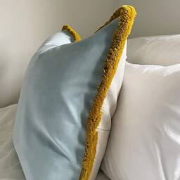 Sky Blue Velvet Pillow Cover Antique Gold Fringe Lumbar Cushion - thumbnail 2