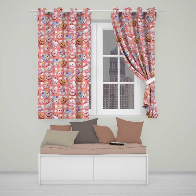 Cute Kawaii Donut Cake Dessert Red Gingham Seamless Pattern Readymade Eyelet Ring Top Thermal 100% Blackout Curtains - image 1