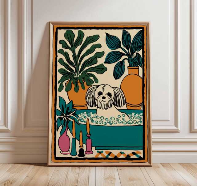 Quirky Dog Wall Art Print, Shih Tzu in Bathtub Poster With Plants, Fun Pet Artwork For Bathroom, Living Room Or Home Decor - image 1