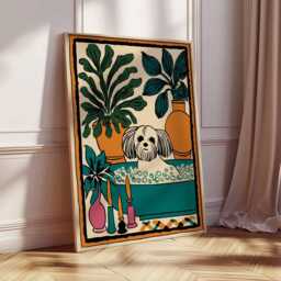 Quirky Dog Wall Art Print, Shih Tzu in Bathtub Poster With Plants, Fun Pet Artwork For Bathroom, Living Room Or Home Decor - thumbnail 2