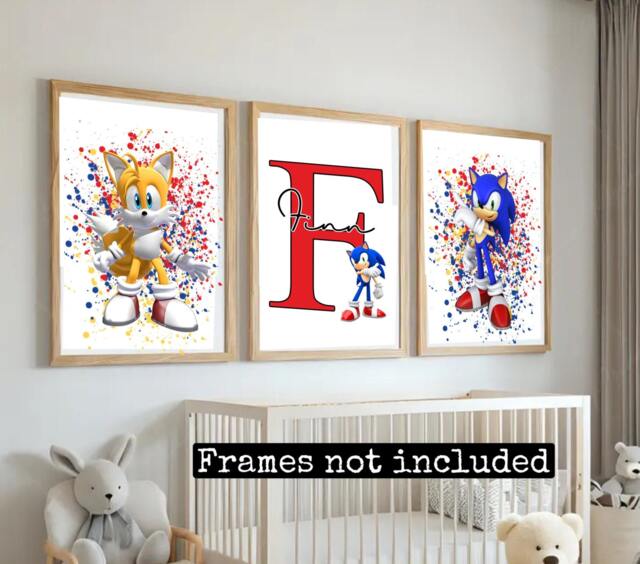 Sonic Prints Set Of 3 Or 6 -Sonic The Hedgehog - Boys Bedroom -Boys Prints-Character -Personalised - image 1