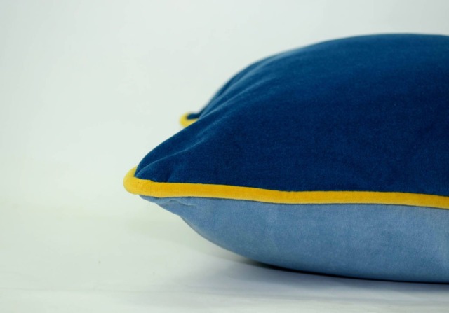 Color Block Velvet Pillow Slate Blue, Cornflower Yellow Piping Cushion - image 1