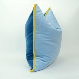 Color Block Velvet Pillow Slate Blue, Cornflower Yellow Piping Cushion - thumbnail 2