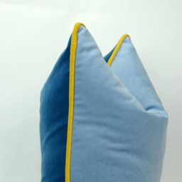 Color Block Velvet Pillow Slate Blue, Cornflower Yellow Piping Cushion - thumbnail 4