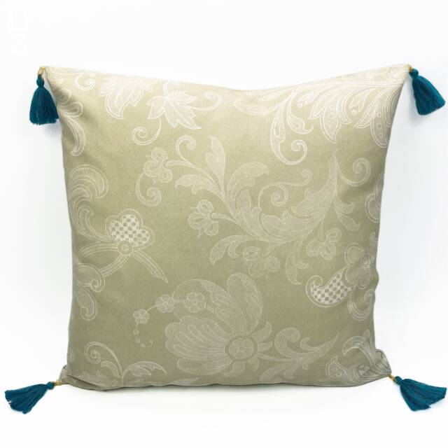 Ecru Chenille Cushion Cover White Damask Pattern, Blue Tassel Trim - 17x17 - image 1