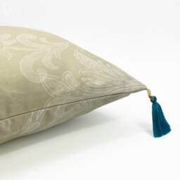 Ecru Chenille Cushion Cover White Damask Pattern, Blue Tassel Trim - 17x17 - thumbnail 2