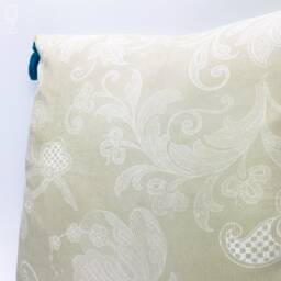 Ecru Chenille Cushion Cover White Damask Pattern, Blue Tassel Trim - 17x17 - thumbnail 3