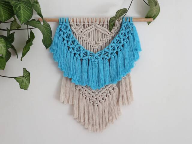 Blue & White Macrame Wall Hanging, Entryway Decor, Baby Boy Nursery - image 1