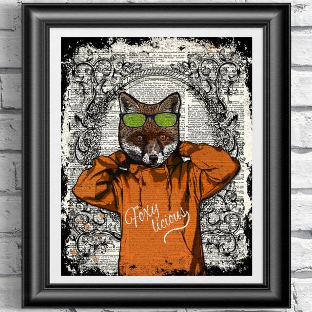 Fox Dictionary Book Page Print Hipster Animal, Art On Antique Page, Wall Decor Fashion Funky Fox Poster - image 1