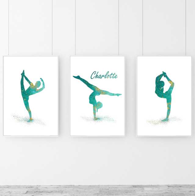 Personalised Gymnastics Wall Art Teal & Gold Gymnast Pose Paper Posters - image 1