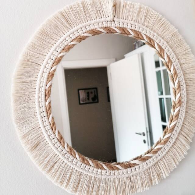 Large Round Macrame, Knitted Rope Mirror, Boho White Decor, Express Shipping - 1-3 Days, Woven Macrame Wall Hanging - image 1
