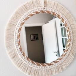 Large Round Macrame, Knitted Rope Mirror, Boho White Decor, Express Shipping - 1-3 Days, Woven Macrame Wall Hanging