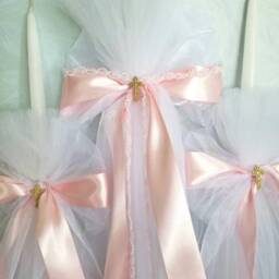 Greek Orthodox Baptism Candle Set Pink & White Lambada, Embroidered Towel - thumbnail 3