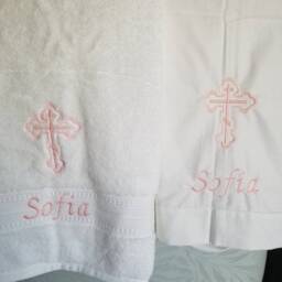 Greek Orthodox Baptism Candle Set Pink & White Lambada, Embroidered Towel - thumbnail 4