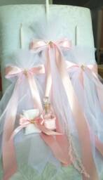 Greek Orthodox Baptism Candle Set Pink & White Lambada, Embroidered Towel