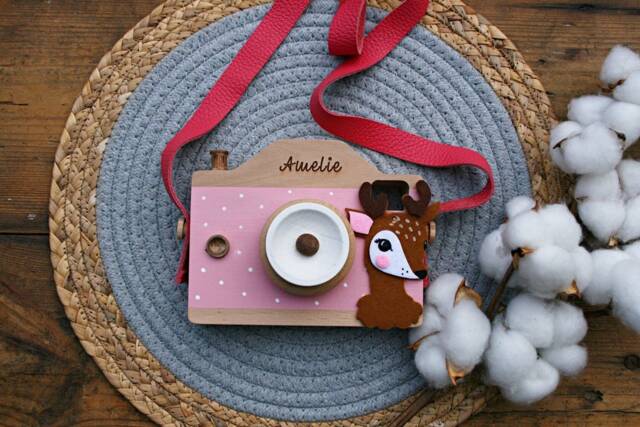 Wooden Toy Camera - Personalization , Handcrafted Wood Toy, Eco-Friendly, Montessori, Birthday Gift, Baby Leather Camera Strap - image 1