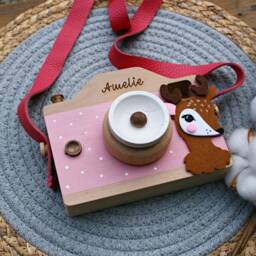 Wooden Toy Camera - Personalization , Handcrafted Wood Toy, Eco-Friendly, Montessori, Birthday Gift, Baby Leather Camera Strap - thumbnail 3