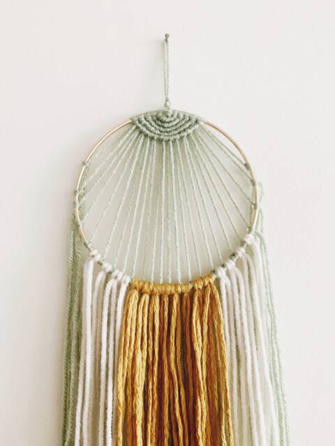 Mint Green Macrame Wall Hanging, Mustard Yellow Yarn Decor - image 1