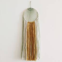 Mint Green Macrame Wall Hanging, Mustard Yellow Yarn Decor - thumbnail 2