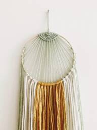 Mint Green Macrame Wall Hanging, Mustard Yellow Yarn Decor - thumbnail 1
