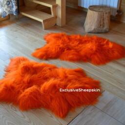 Orange Icelandic Dyed Genuine Sheepskin Lambskin Sheep Skin Rug Pelt Long Wool Soft Throw, Schaffell, Hygge - thumbnail 2
