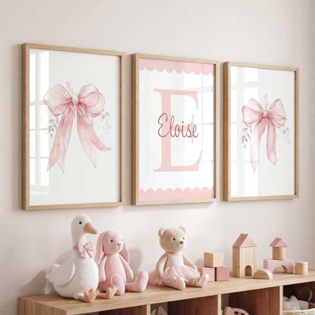 Set Of 3 Pink Bow Nursery Prints, Baby Girl Ribbon Wall Art - image 1