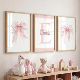 Set Of 3 Pink Bow Nursery Prints, Baby Girl Ribbon Wall Art - thumbnail 1