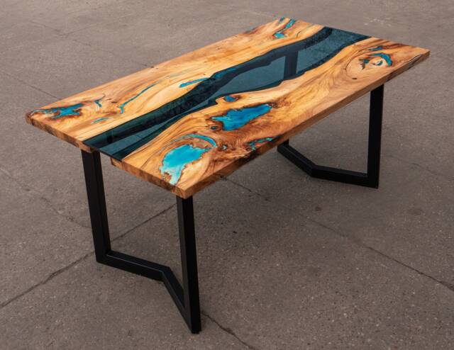River Glass Live Edge Dining Elm Table With Turquoise Glowing Resin - image 1