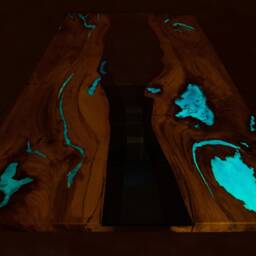 River Glass Live Edge Dining Elm Table With Turquoise Glowing Resin - thumbnail 3