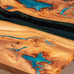River Glass Live Edge Dining Elm Table With Turquoise Glowing Resin - thumbnail 4