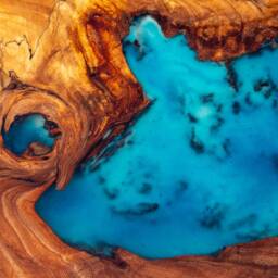 River Glass Live Edge Dining Elm Table With Turquoise Glowing Resin - thumbnail 2