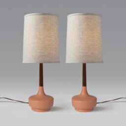 Mid Century Table Lamp Ceramic & Walnut Brooke Desert Rose #4 Pair