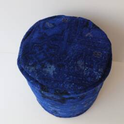 Dark Blue Kilim Pouf, Handmade Wool Cotton Ottoman, Floor Seating - thumbnail 2