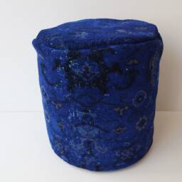 Dark Blue Kilim Pouf, Handmade Wool Cotton Ottoman, Floor Seating - thumbnail 3