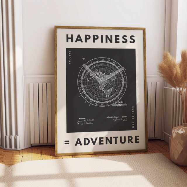 Happiness = Adventure Print Vintage Map Art, Motivational Typography - image 1