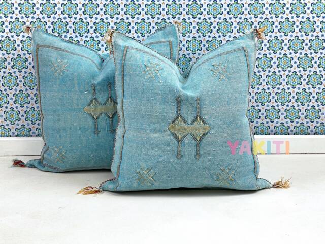 Yakiti-Blue Square Moroccan Pillows 20x20, Aka Cactus Silk Pillow, Decorative Pillows, Sabra Pillows, Decor Designer Cactus Silk - image 1