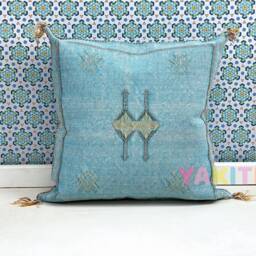 Yakiti-Blue Square Moroccan Pillows 20x20, Aka Cactus Silk Pillow, Decorative Pillows, Sabra Pillows, Decor Designer Cactus Silk - thumbnail 3