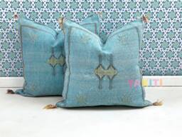 Yakiti-Blue Square Moroccan Pillows 20x20, Aka Cactus Silk Pillow, Decorative Pillows, Sabra Pillows, Decor Designer Cactus Silk - thumbnail 1