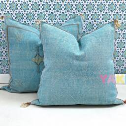 Yakiti-Blue Square Moroccan Pillows 20x20, Aka Cactus Silk Pillow, Decorative Pillows, Sabra Pillows, Decor Designer Cactus Silk - thumbnail 2