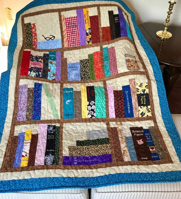 "Book Shelves Embroidered & Pieced Custom Quilted Throw ~41"" X 52" - image 1