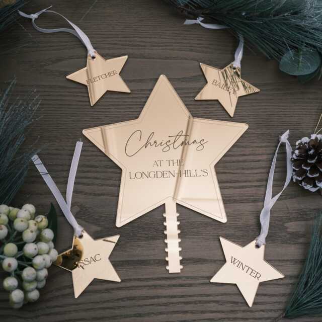 Personalised Christmas Tree Topper Set - Star Family Ornament With 4 Name Baubles, Unique Xmas Top Decoration - image 1