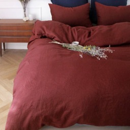 Set Of 3 Shabby Chic Washed 100% Hemp Linen Bedding - Burgundy Duvet Cover With 2 Matching Pillowcases - thumbnail 2