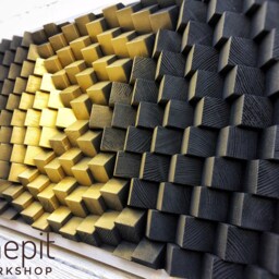 Wall Art Black Gold - Wood Deco Sculpture Modern Abstract Midcentury 3D Sound Diffuser Panel - thumbnail 3